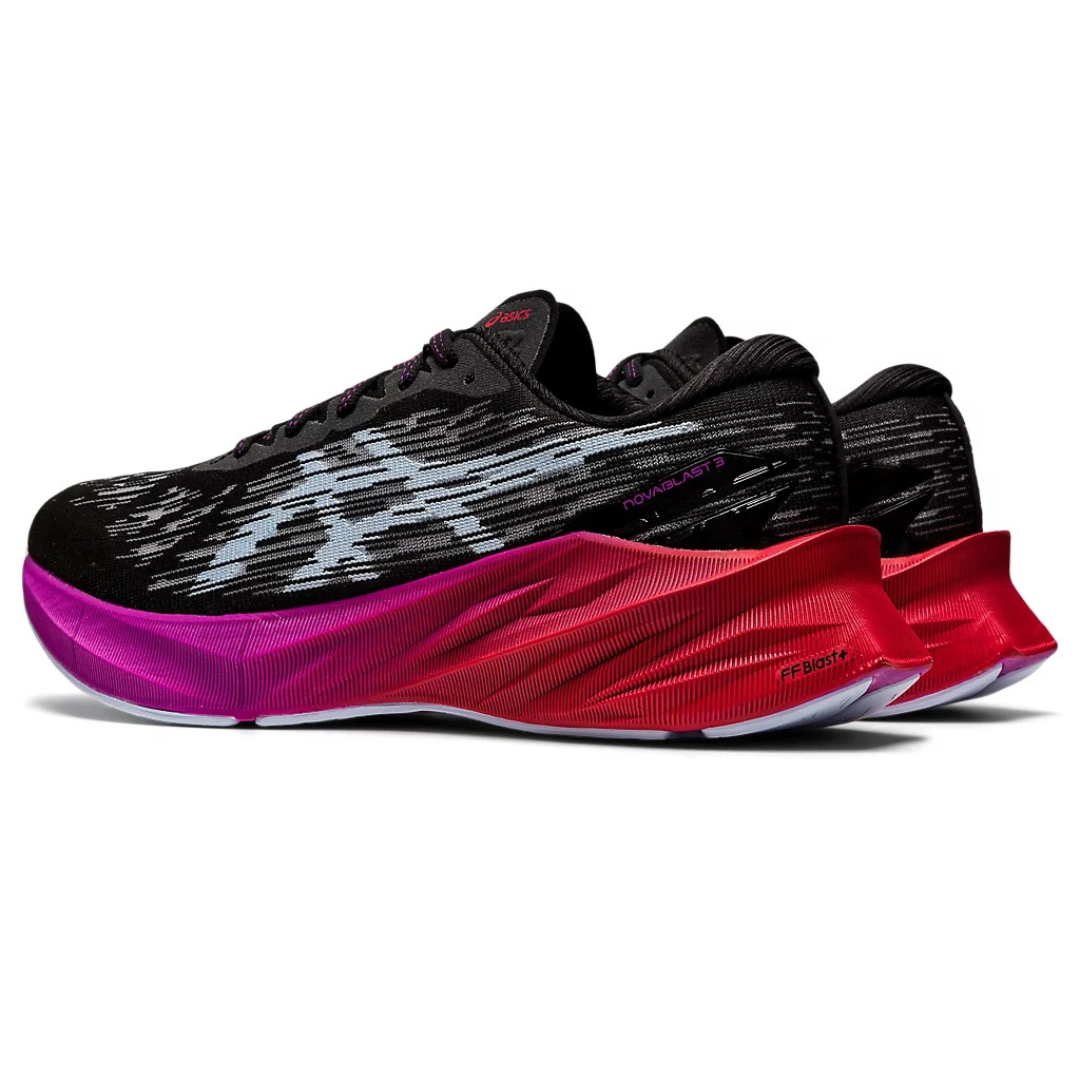Asics Novablast 3 Preto com Roxo e vermelho