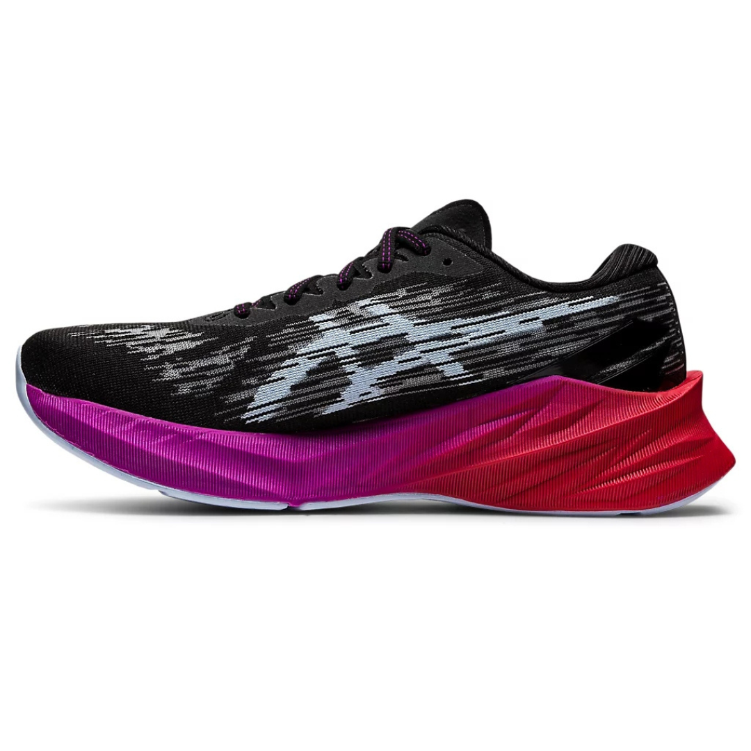 Asics Novablast 3 Preto com Roxo e vermelho
